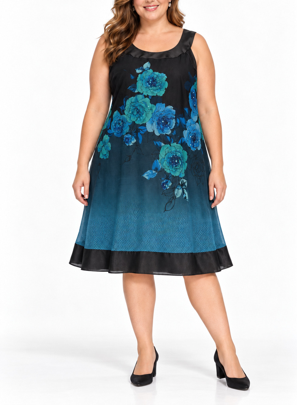 Vintage Y2K Signature by Robbie Bee Silk Dress 20W Blue Floral Sequin Bow Midi